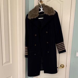Women's Black Double-Breasted Coat with Faux Fur Collar